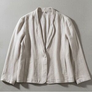 Eileen Fisher Linen Blend Blazer Jacket Oatmeal Top Stitch Minimalist size Large